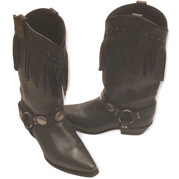 Laredo Black Leather Western Cowboy Boot Fringe Harness Silver Conchos Size-8.5